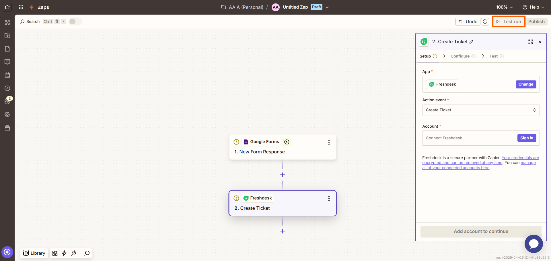 Zapier interface with the "Test run" button highlighted