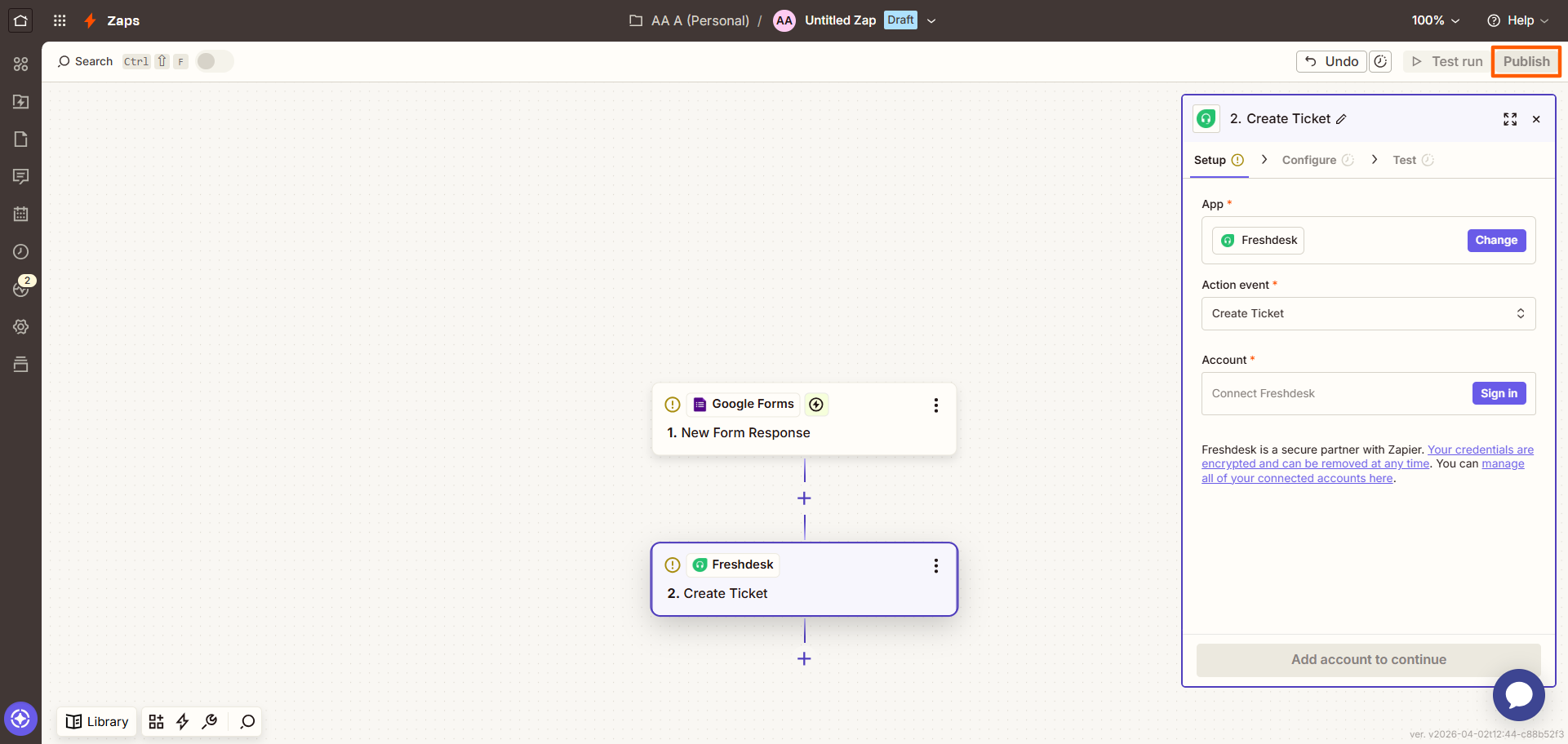 Zapier interface with the "Publish" button highlighted