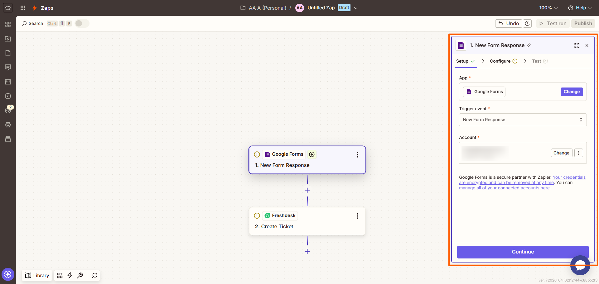 Zapier interface with Google Forms selected and the setup popup screen highlighted