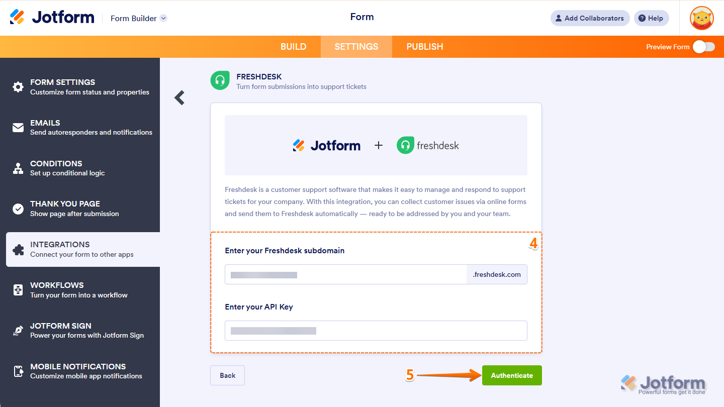 Freshdesk integration settings in Jotform with fields for subdomain and API key, as well as the Authenticate button