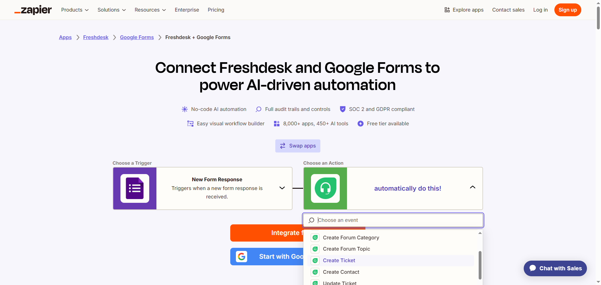Zapier landing page for the Freshdesk and Google Forms integration showing the dropdown menu for the action event