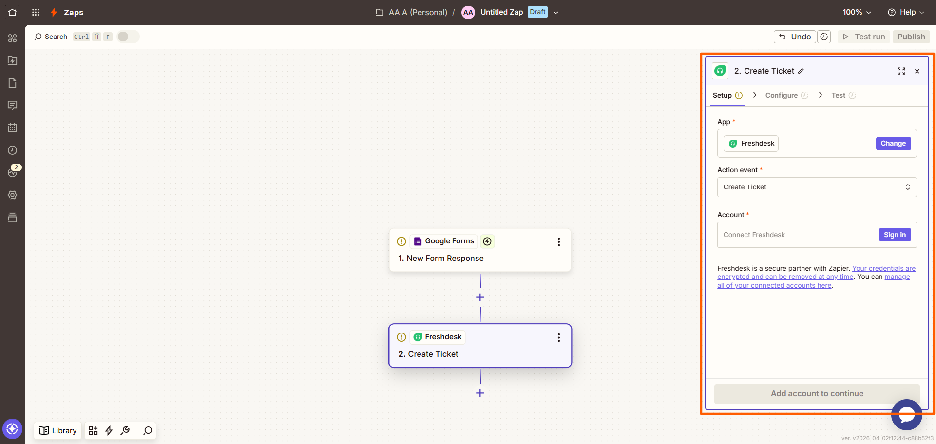 Zapier interface with Freshdesk selected and the setup popup screen highlighted