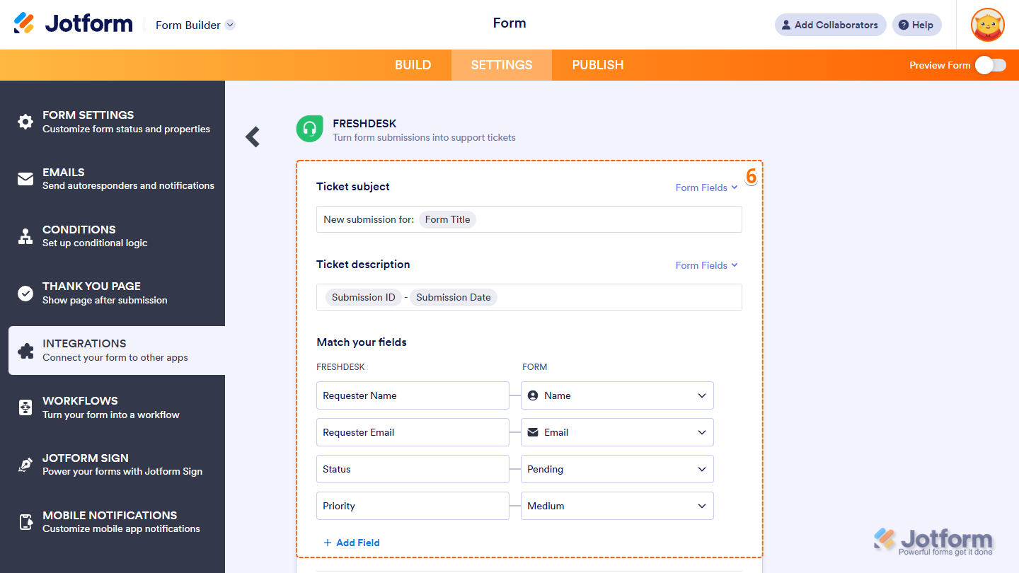 Freshdesk integration field mapping in Jotform with options for ticket subject, ticket description, and matching form fields
