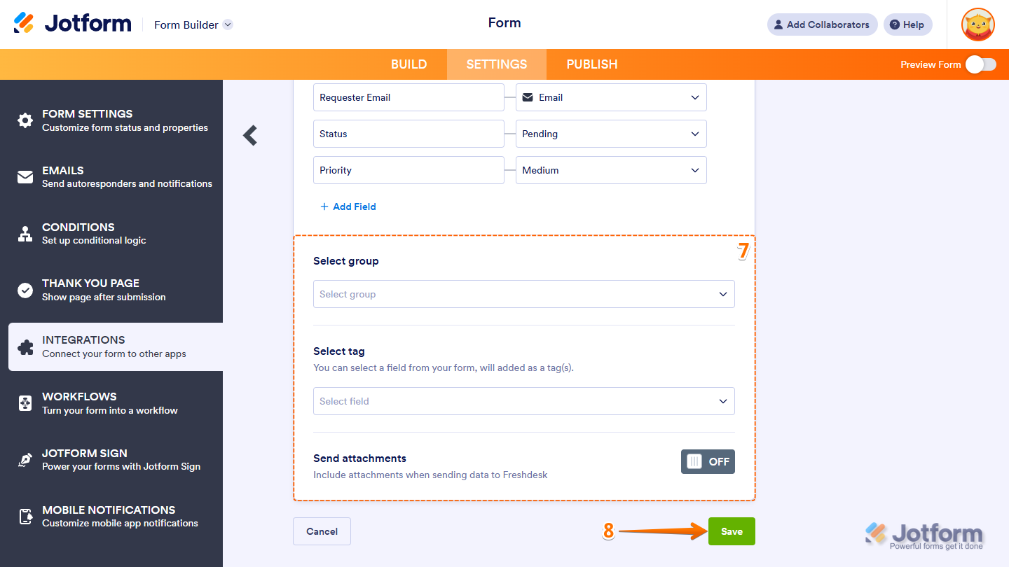 Freshdesk integration settings in Jotform with options to select group, add tag, and enable attachments, as well as the Save button