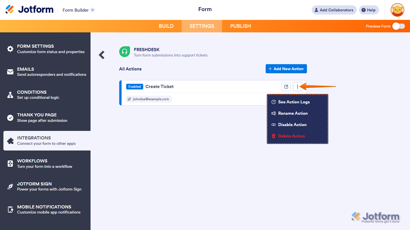 Freshdesk integration main page in Jotform showing a list of actions with an "Add New Action" button and three-dot menu options for logs, rename, disable, and delete
