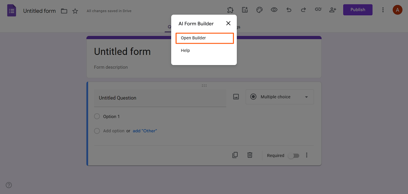 AI Form Builder Open Builder Option