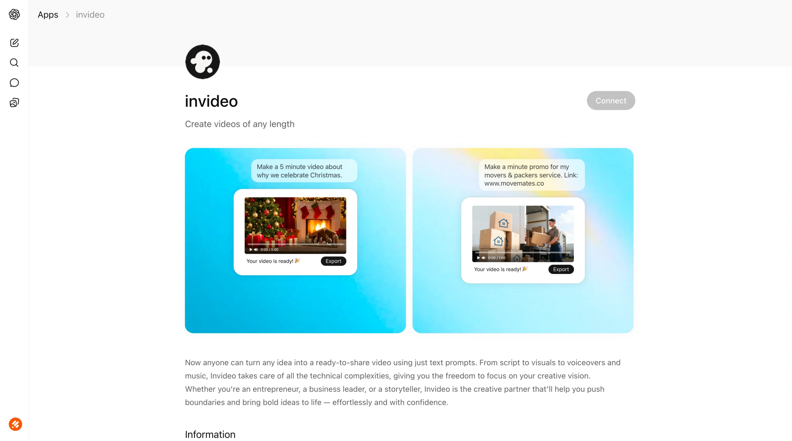 Screenshot of the invideo ChatGPT App page