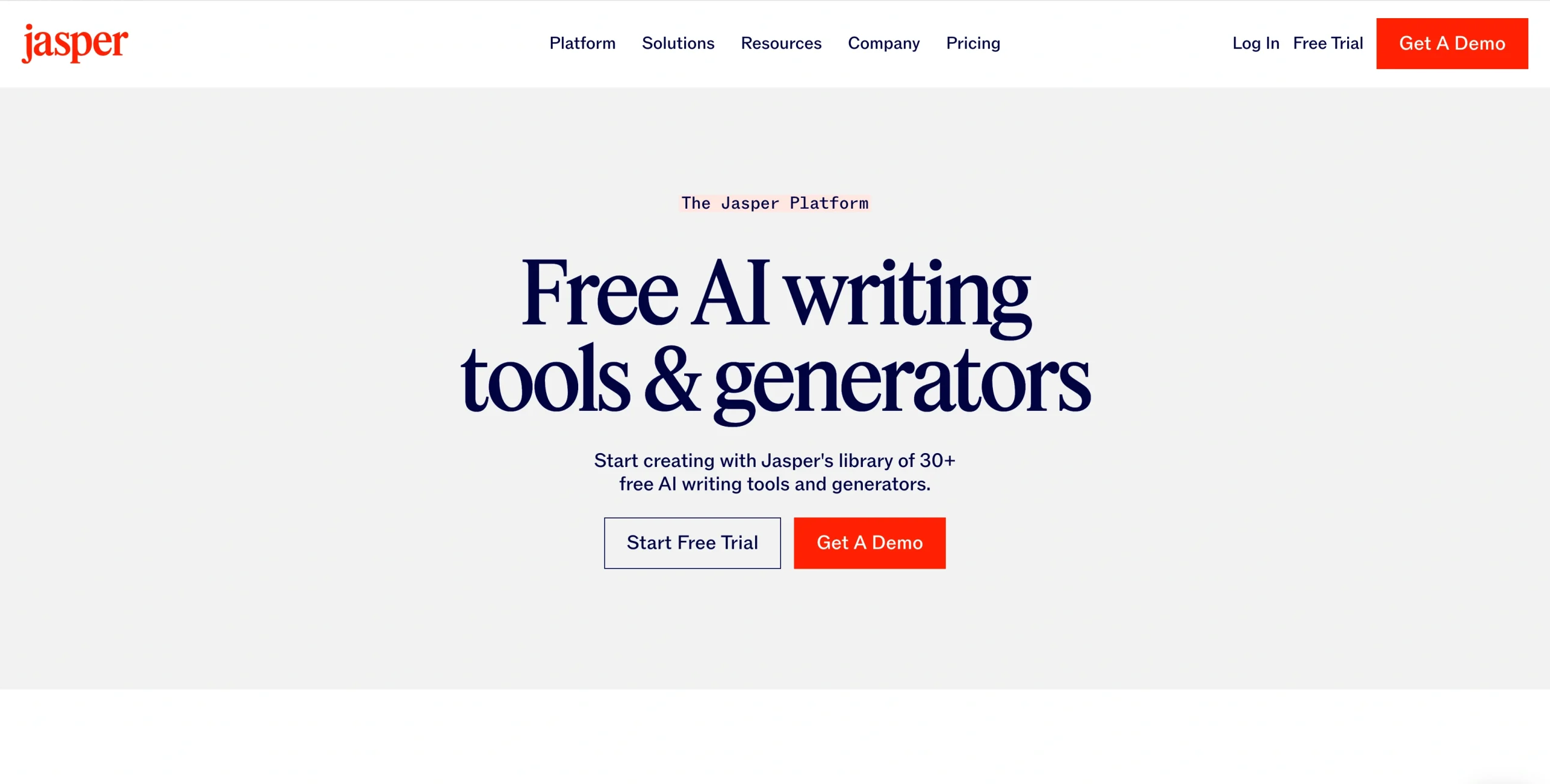 Screenshot of the Jasper AI tools landing page, showing a headline "Free AI writing tools & generators"