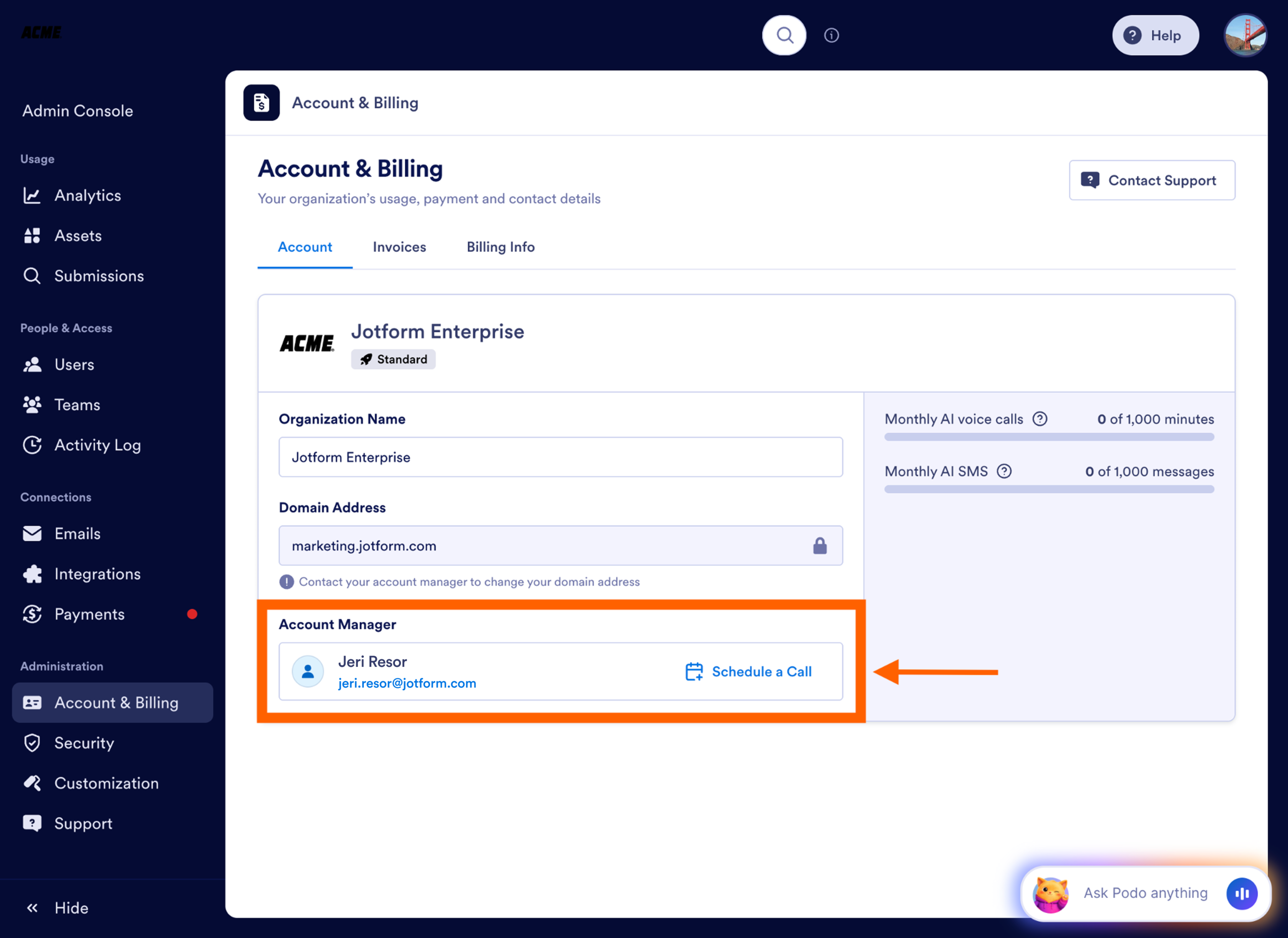 Clicking on the Schedule a Call option next to the account manager's contact information