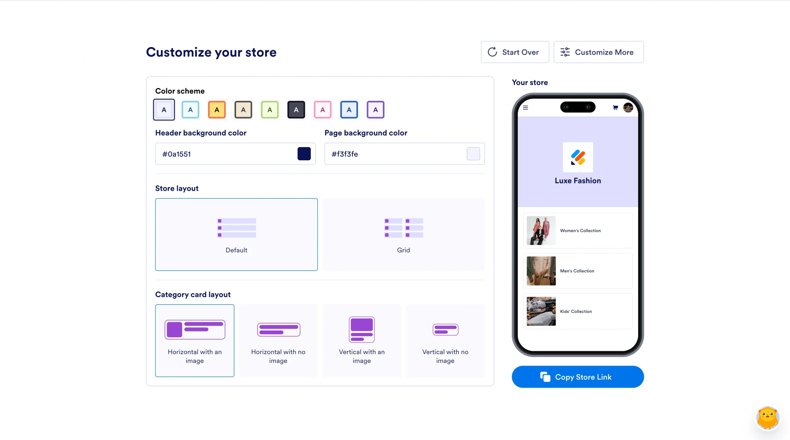Screenshot of Jotform Store Builder customization panel displaying color scheme, layout options, and a mobile preview of the generated online store
