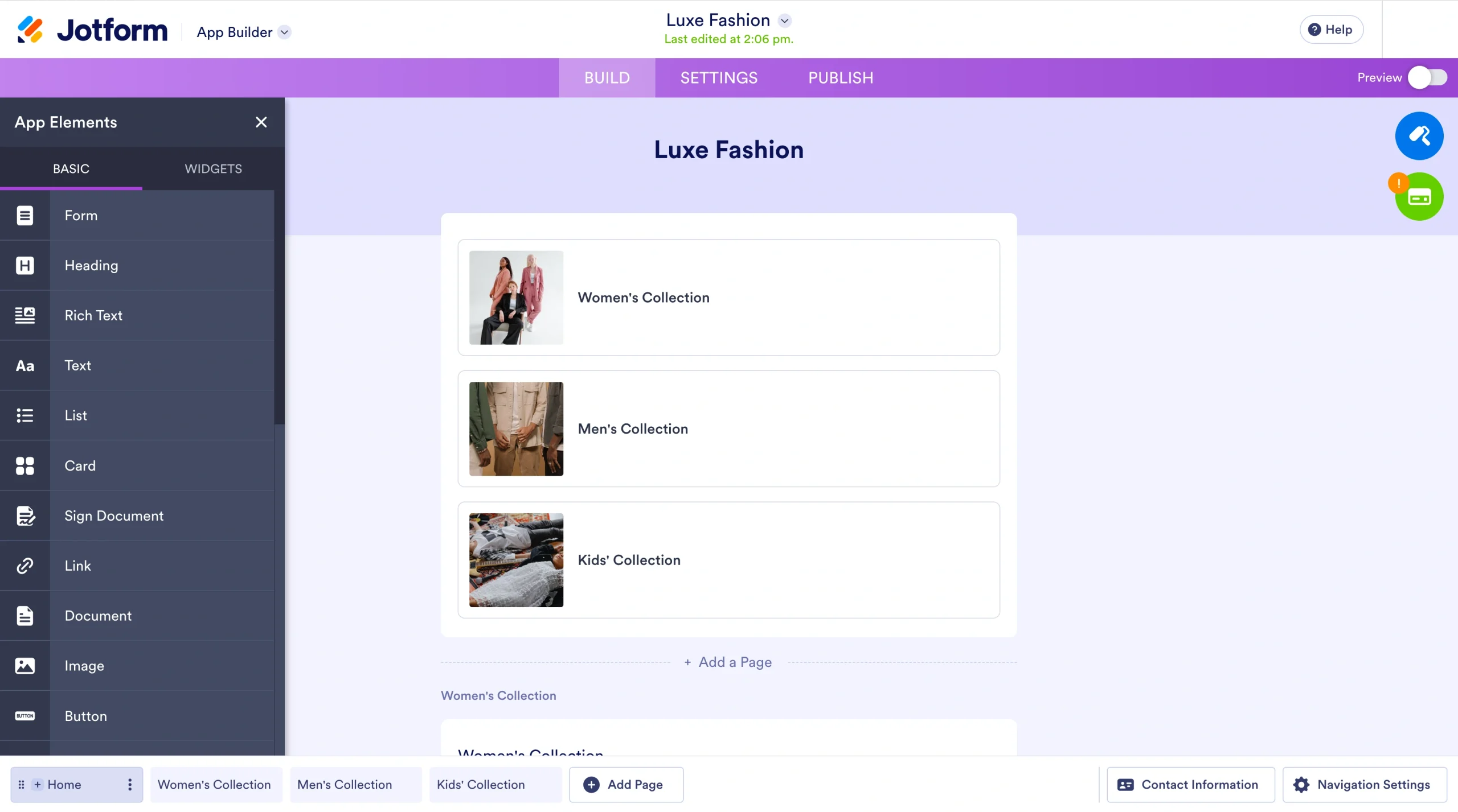 Screenshot of Jotform App Builder with the “App Elements” panel open, displaying options like form, heading, text, and widgets for adding content