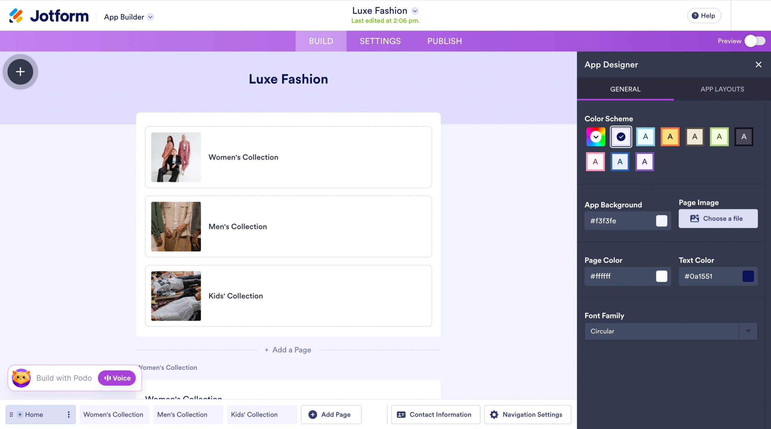 Screenshot of Jotform App Builder’s App Designer panel with color scheme, background, and font customization options