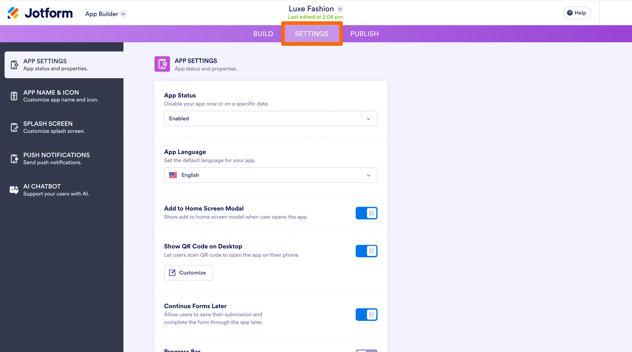 Screenshot of Jotform App Builder Settings tab open, showing app settings options like app status, language, and toggle controls for features such as home screen mode and QR code display
