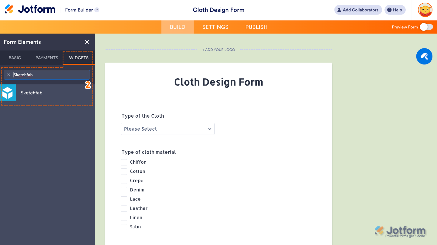 Form Elements panel under the Widgets tab showing the Sketchfab widget being searched and added to a form
