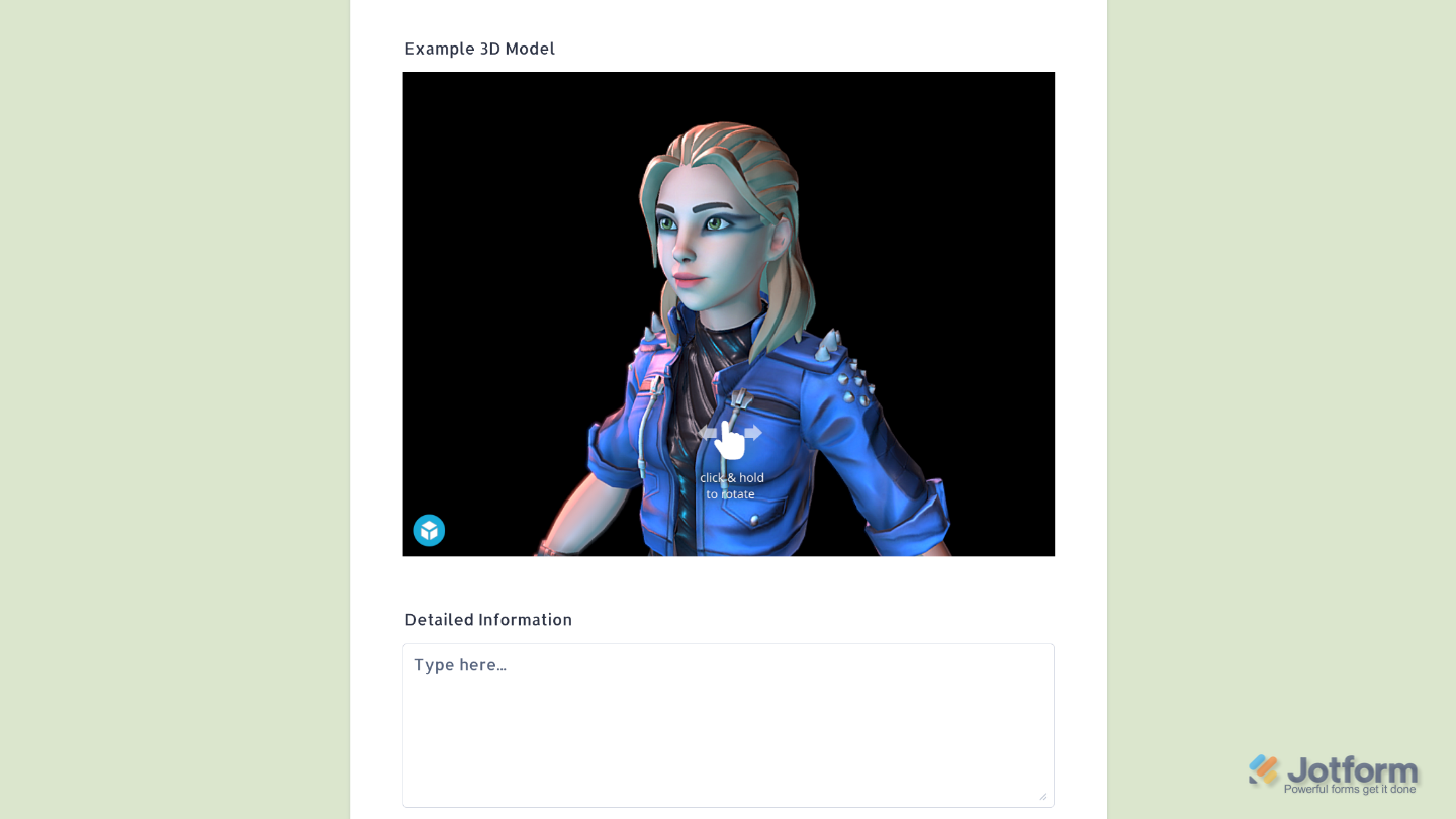 Configured Sketchfab widget in form showing an embedded 3D model that users can view and interact with