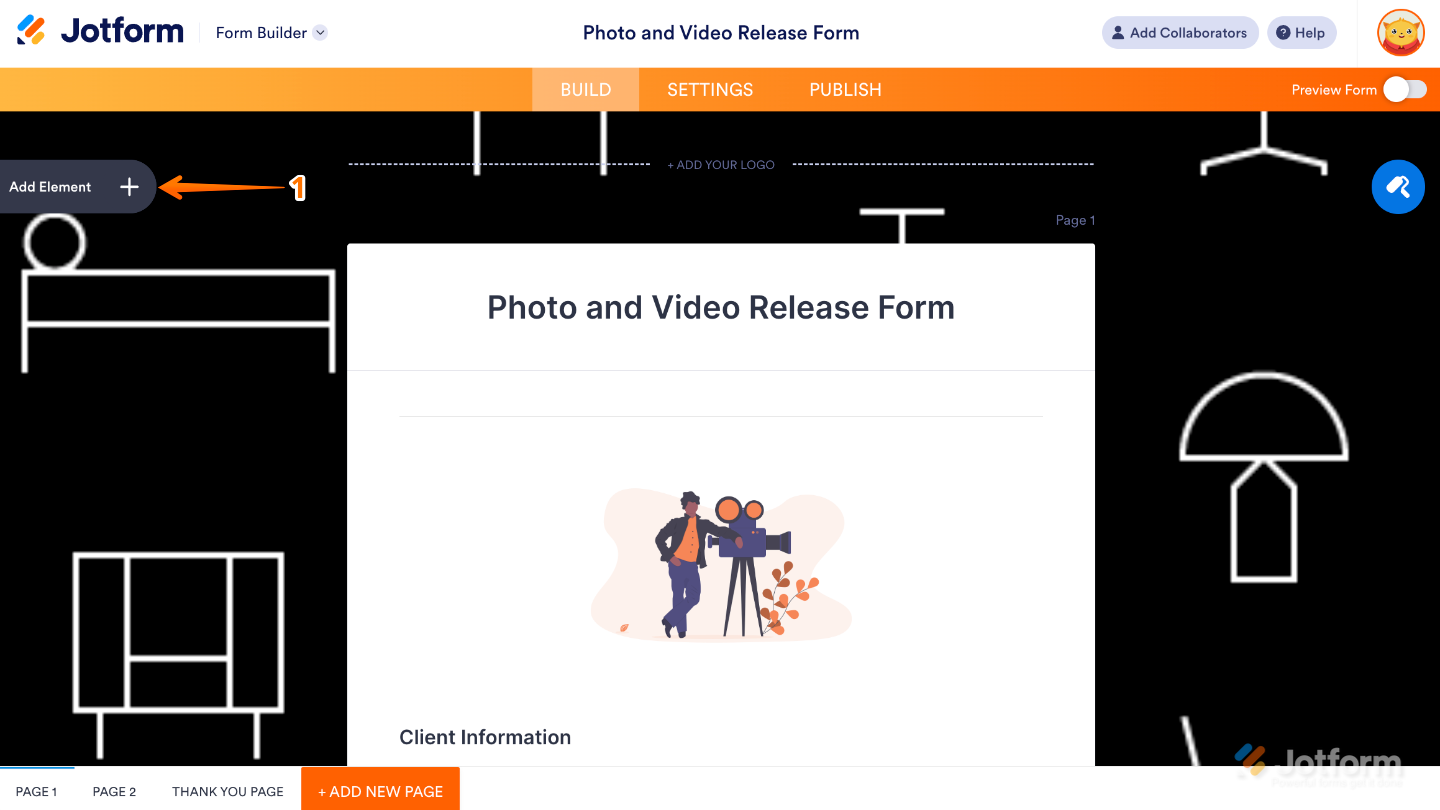 Form Builder interface highlighting the Add Element button on the left panel to add new fields and widgets