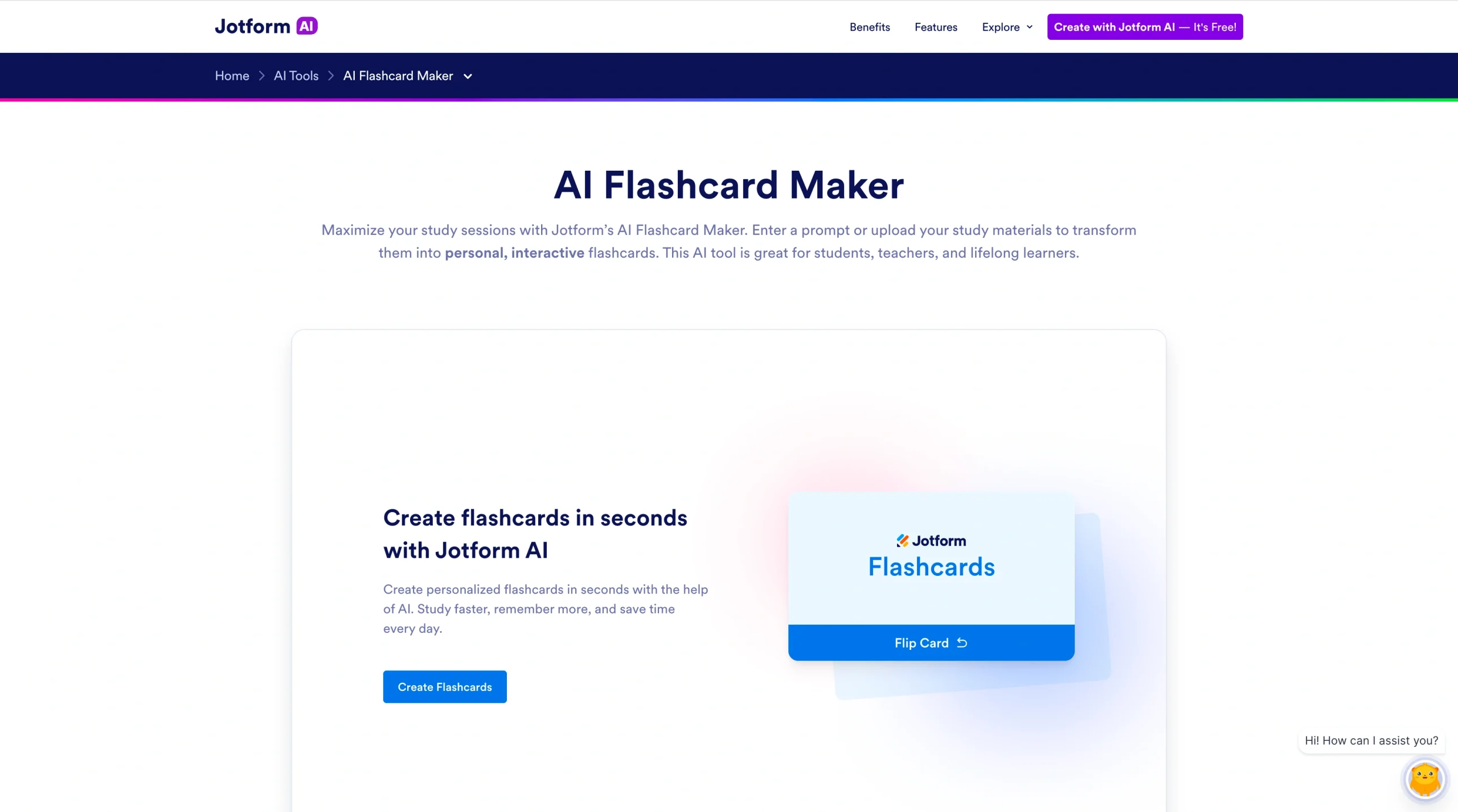 Screenshot of the Jotform AI Flashcard Maker landing page