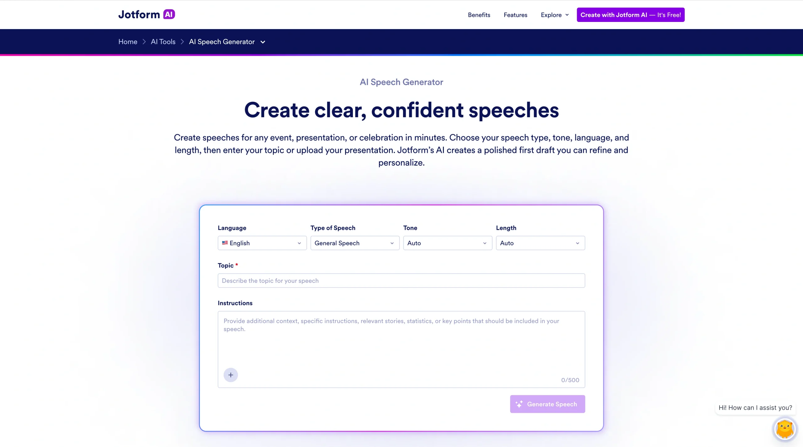 Screenshot of the e Jotform AI Speech Generator landing page, showing a headline "Create clear, confident speeches"