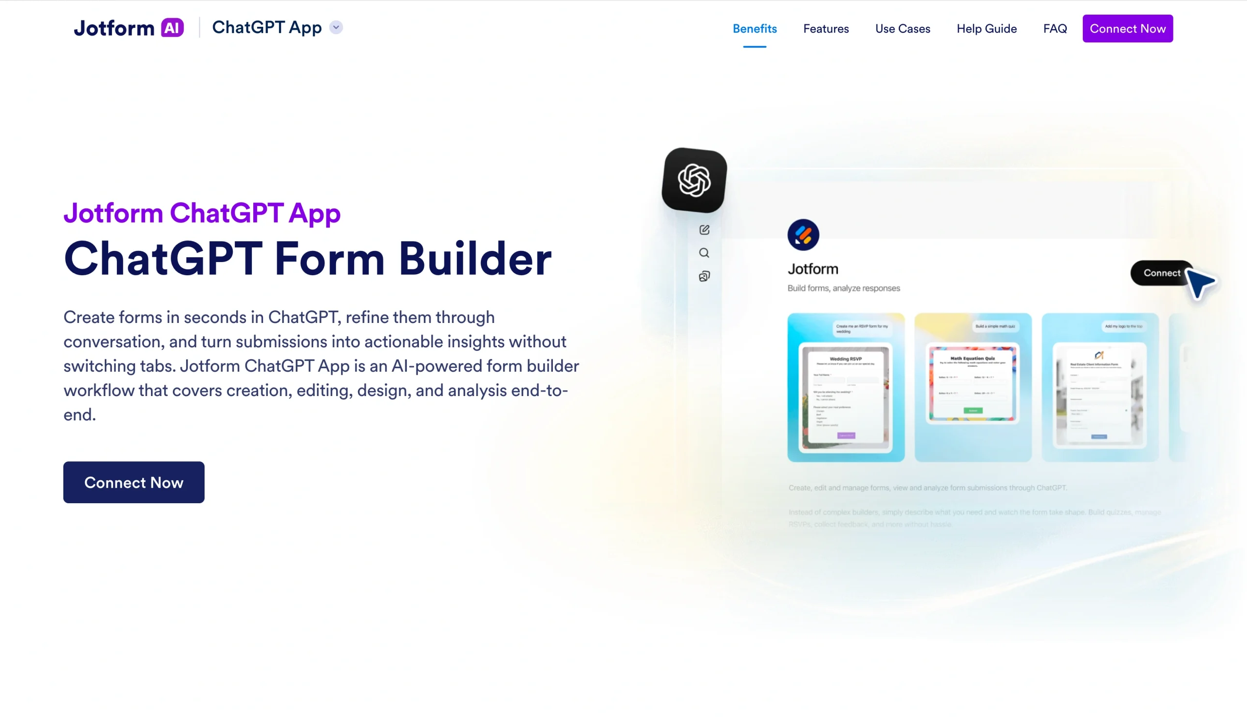 Screenshot of the Jotform ChatGPT App landing page, showing a headline "ChatGPT Form Builder"