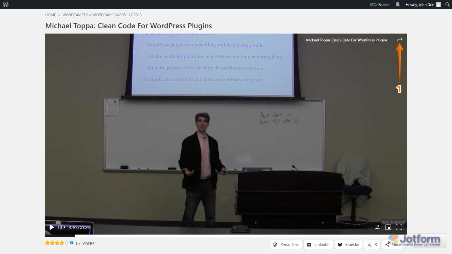 WordPress TV video page showing Forward icon in top right corner in WordPress