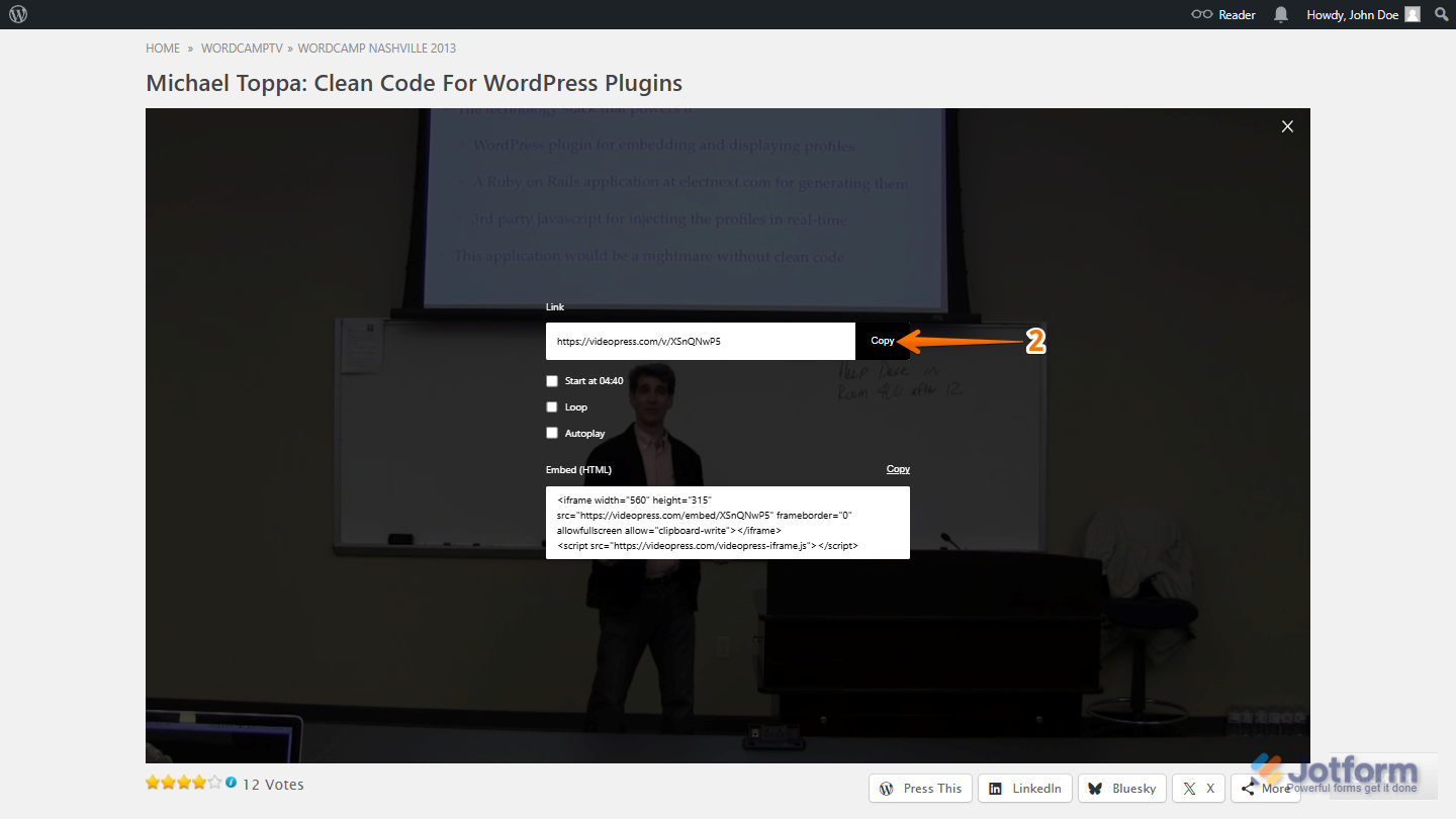 WordPress TV share menu showing Copy button for video URL link in WordPress