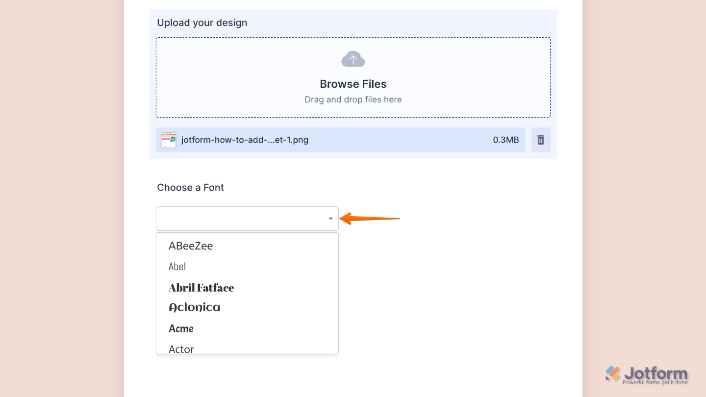 Form with the Google Fonts Picker widget added, allowing users to choose and apply custom fonts