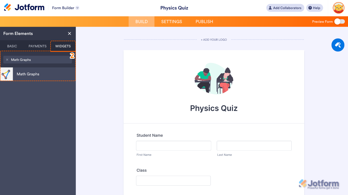 Form Elements panel under the Widgets tab showing the Math Graphs widget being searched and added to a form