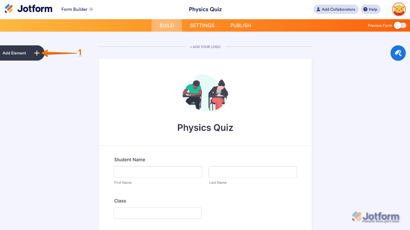 Form Builder interface highlighting the Add Element button on the left panel to add new fields and widgets