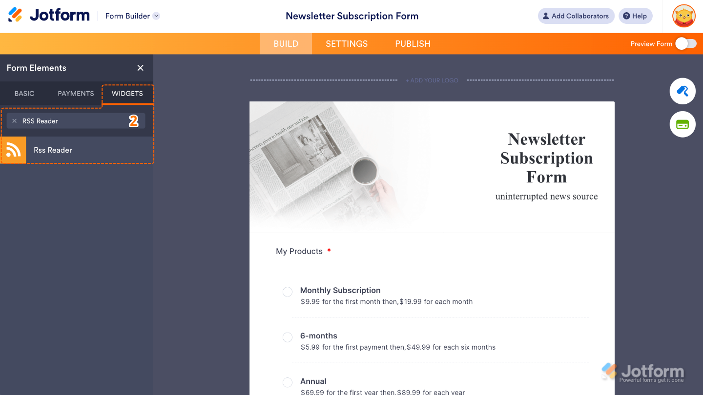 Form Elements panel under the Widgets tab showing the RSS Reader widget being searched and added to a form
