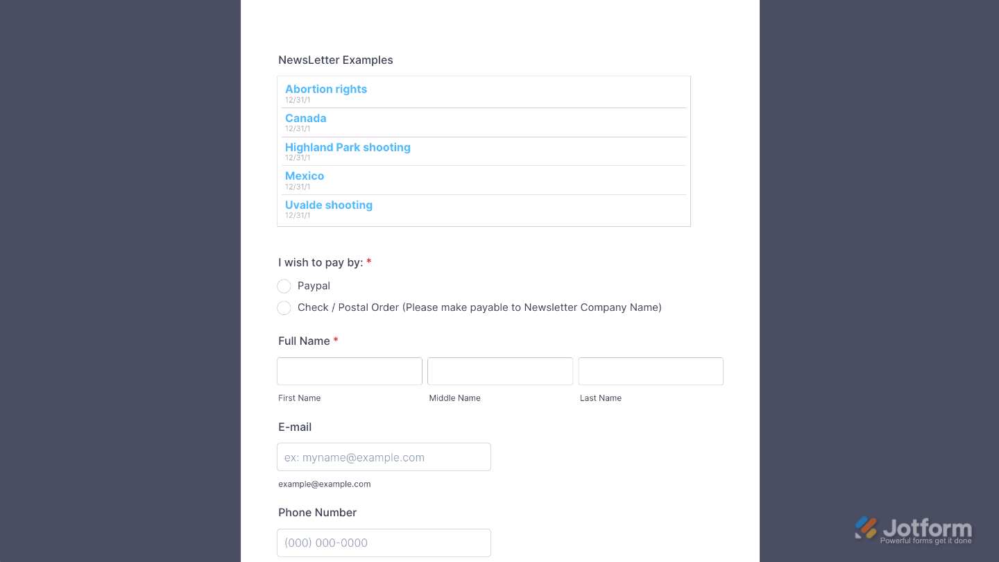 Form with the RSS Reader widget added, displaying live updates from an RSS feed