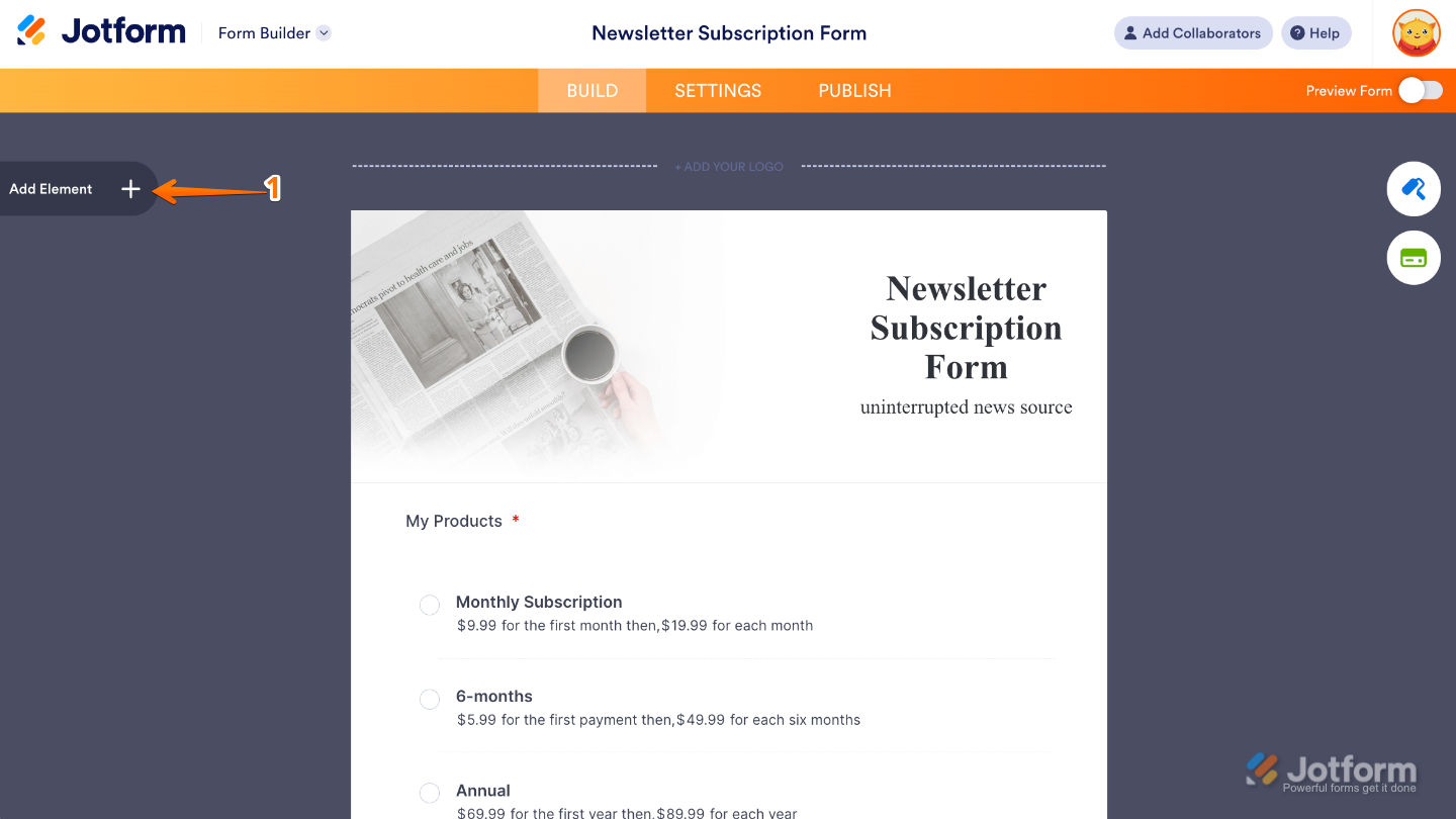 Form Builder interface highlighting the Add Element button on the left panel to add new fields and widgets