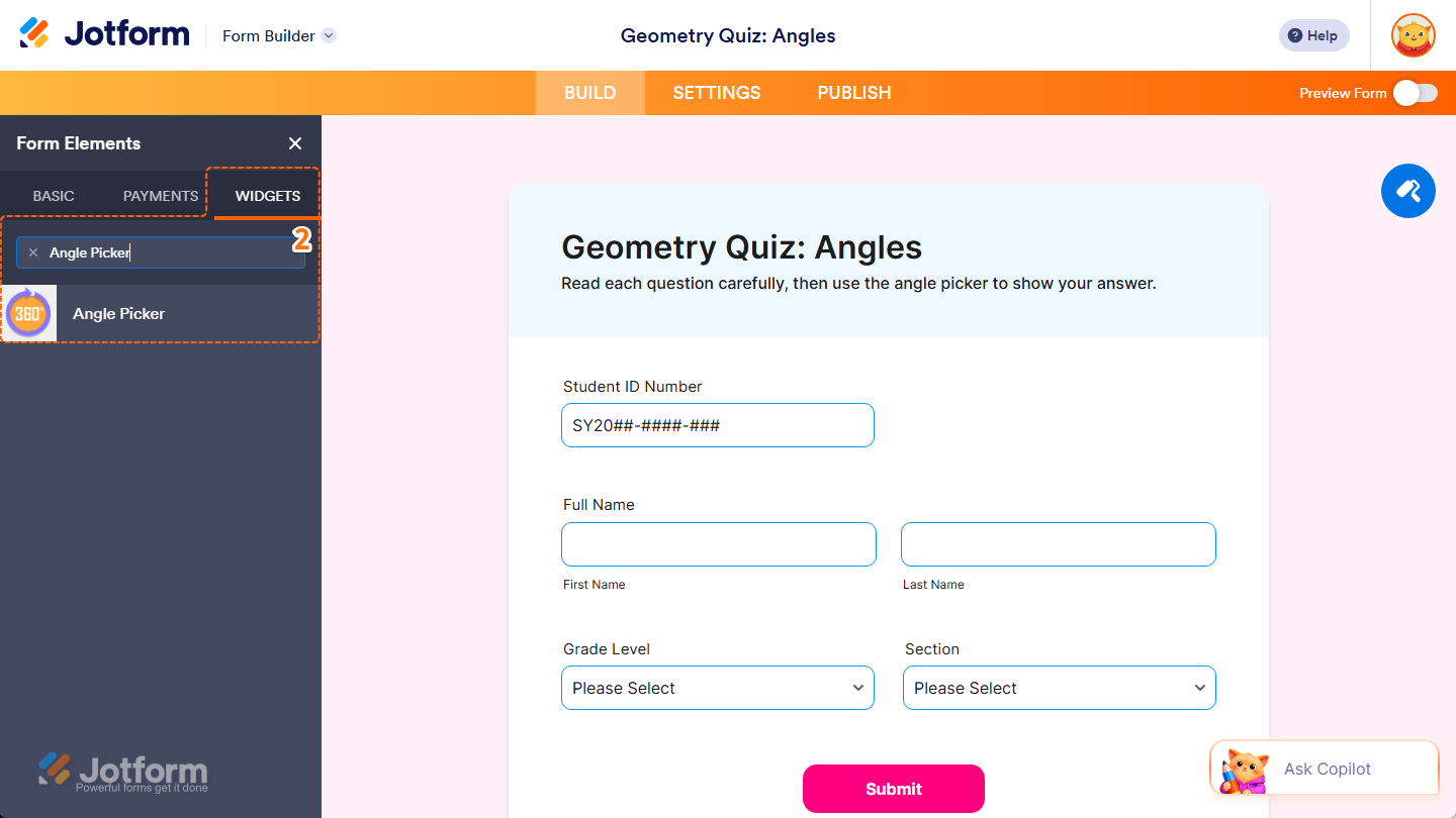 Angle Picker element under the Widgets tab of the Form Elements menu in Jotform Form Builder