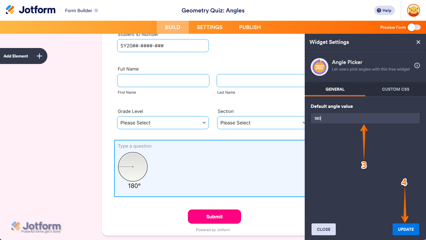 Angle Picker Widget Settings in Jotform Form Builder