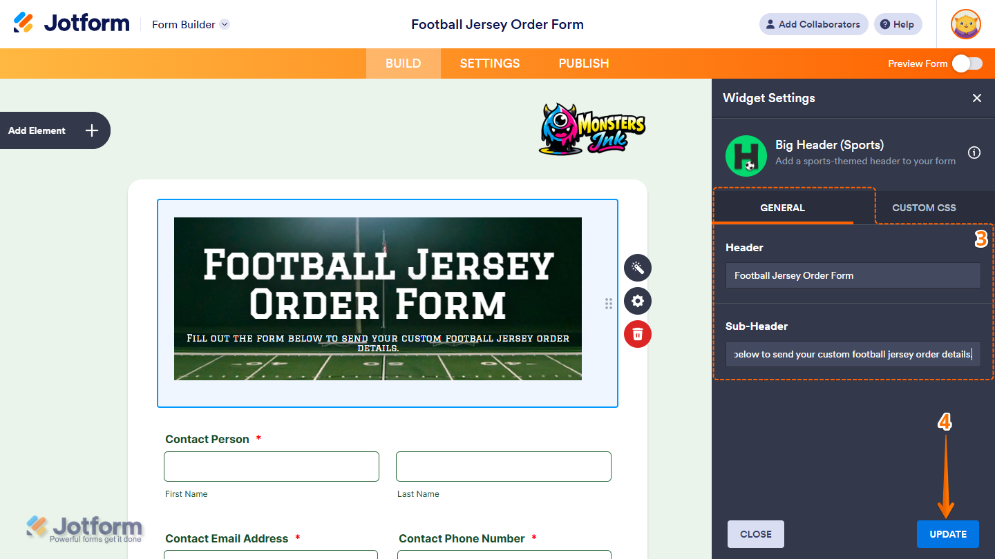 Big Header (Sports) Widget Settings in Jotform Form Builder