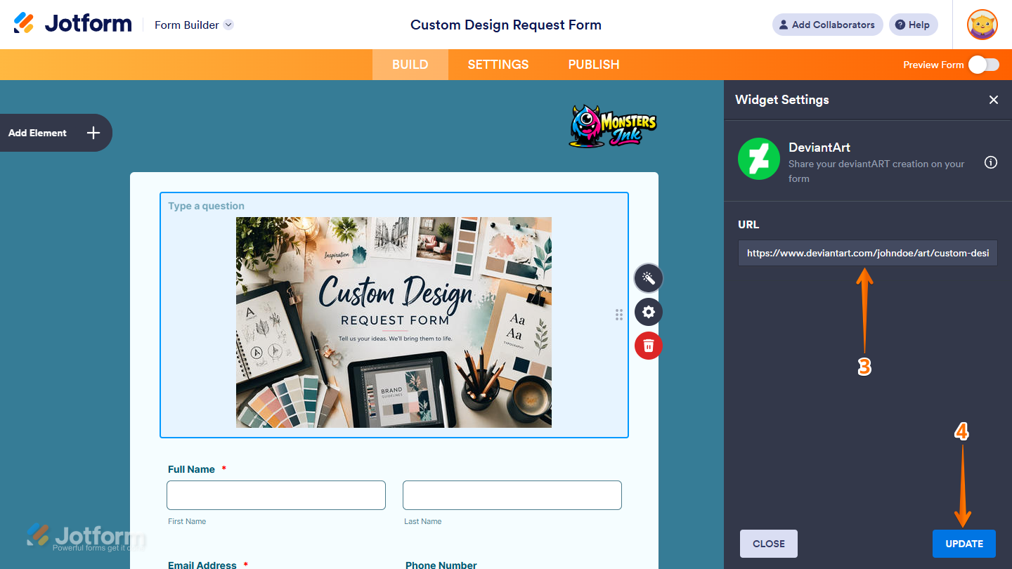 DeviantArt Widget Settings in Jotform Form Builder