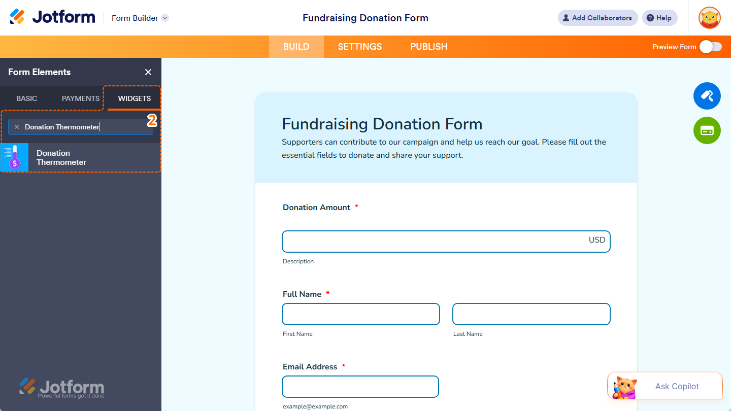 Donation Thermometer element under the Widgets tab of the Form Elements menu in Jotform Form Builder