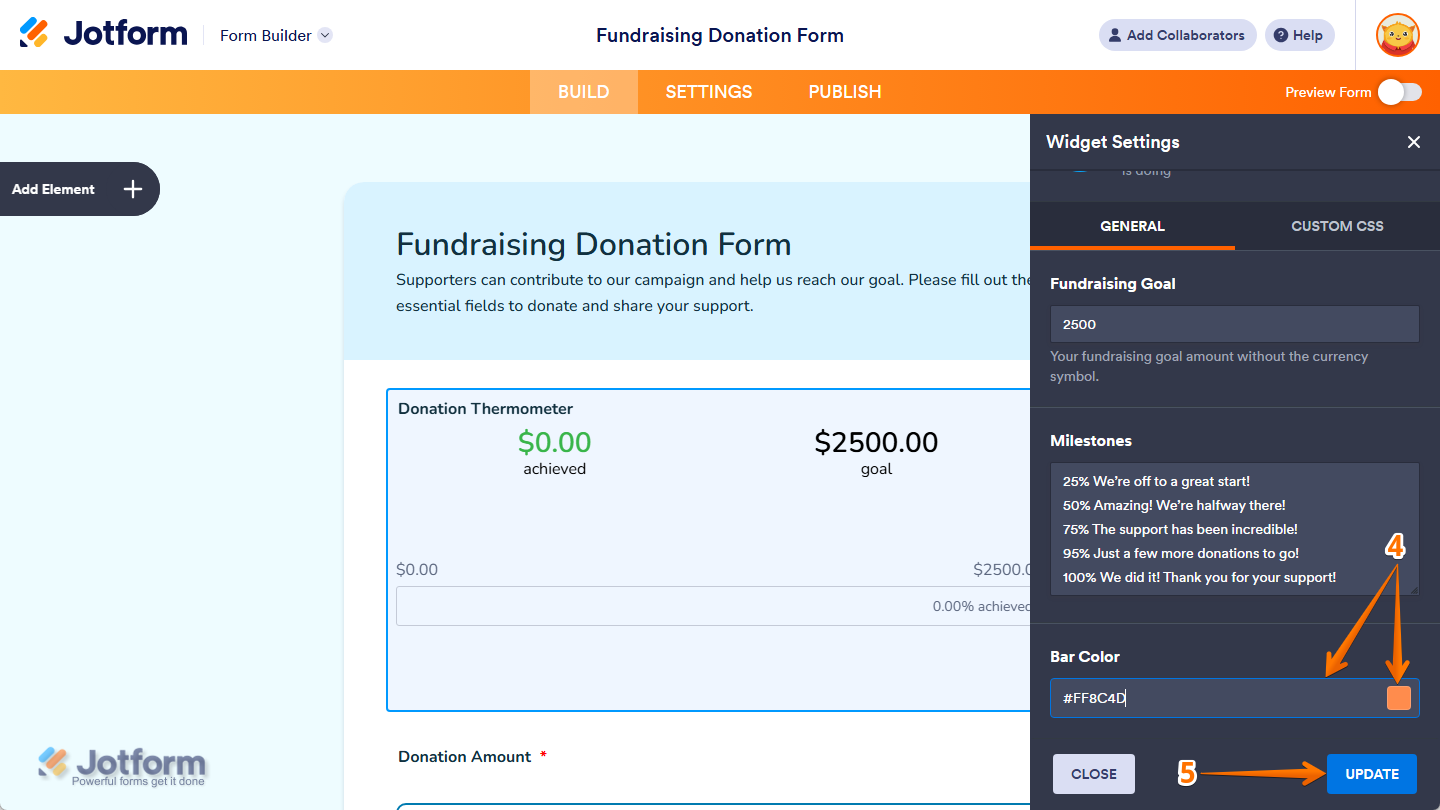 Bar Color setting in the Thermometer Widget Settings in Jotform Form Builder