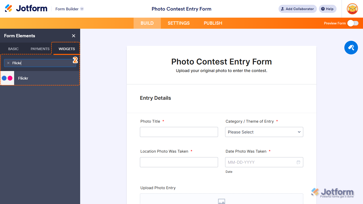 Flickr element under the Widgets tab of the Form Elements menu in Jotform Form Builder