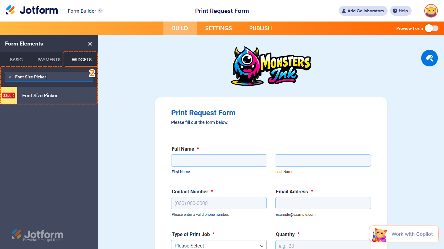 Font Size Picker element under the Widgets tab of the Form Elements menu in Jotform Form Builder