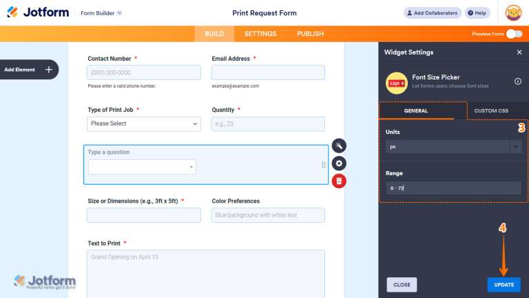 How to Add and Set Up the Font Size Picker Widget on Your Form
