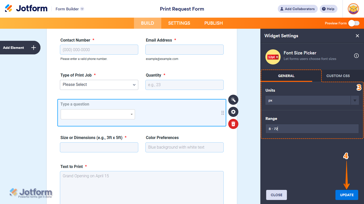 Font Size Picker Widget Settings in Jotform Form Builder