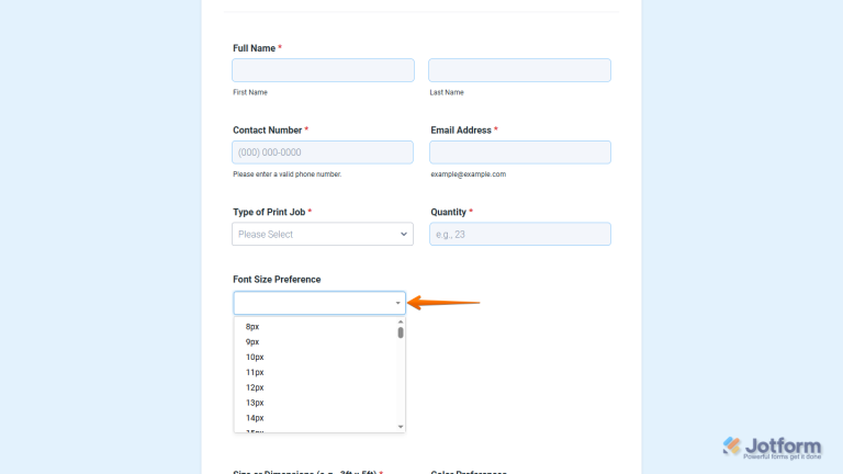 How to Add and Set Up the Font Size Picker Widget on Your Form
