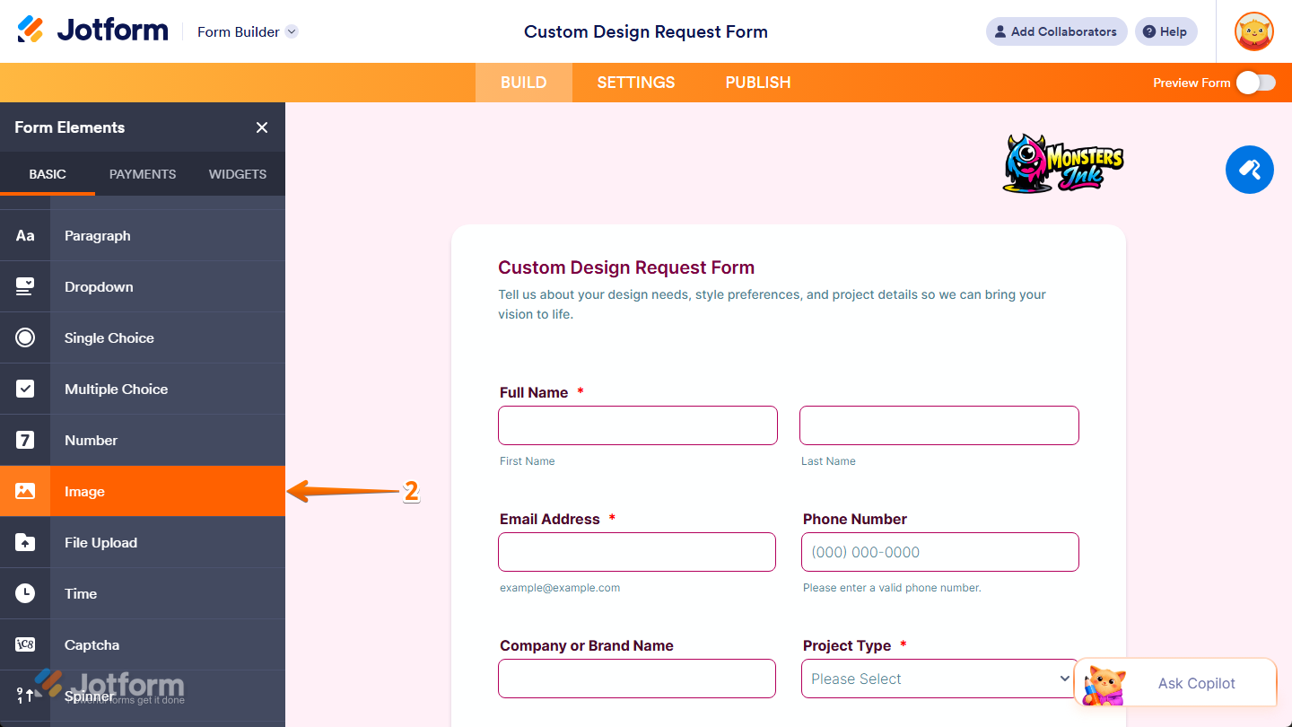 Image Element under the Basic tab in the Form Elements menu in Jotform Form Builder