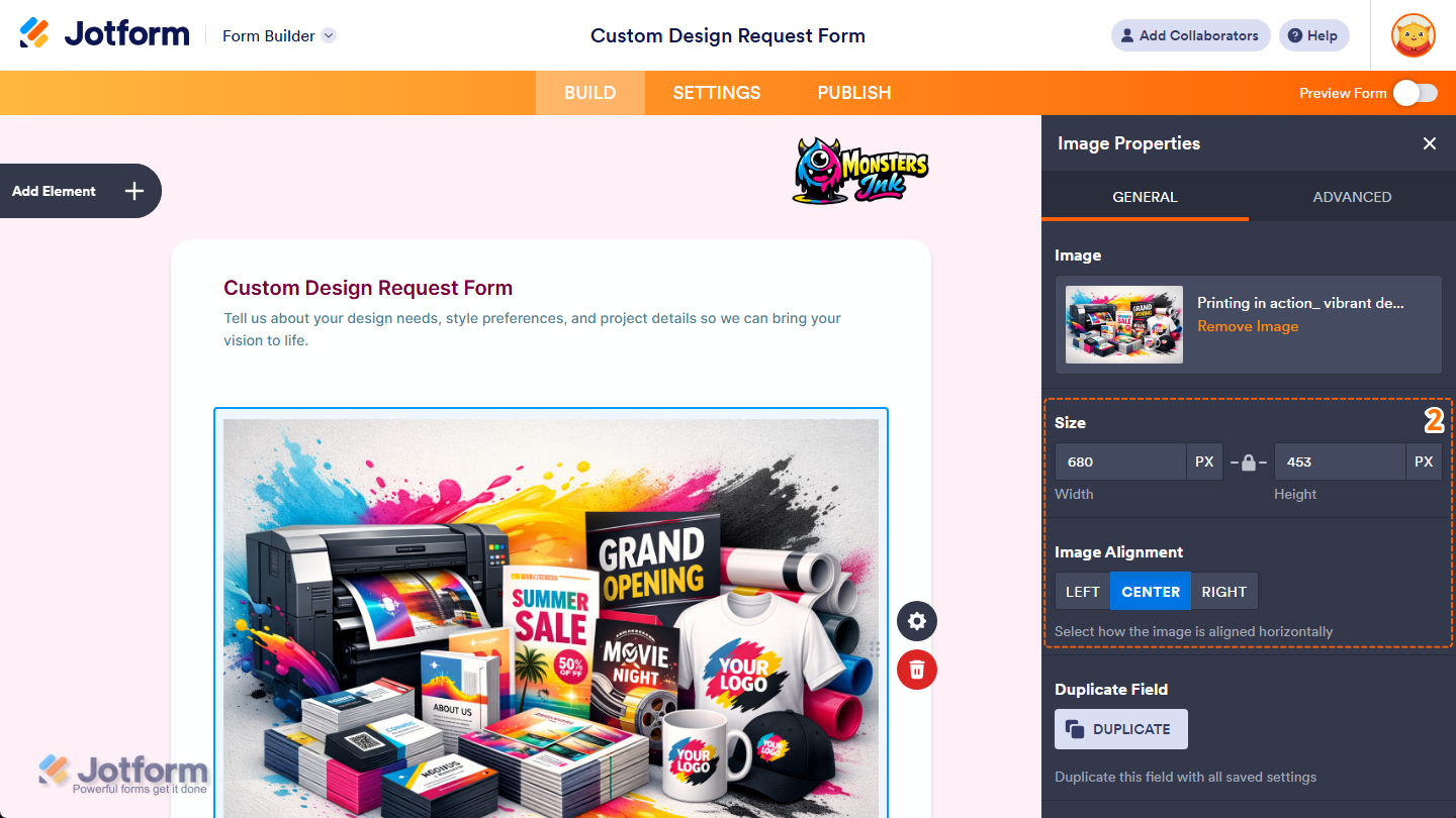 Size and Image Alignment properties under the General tab in the Image Properties menu in Jotform Builder