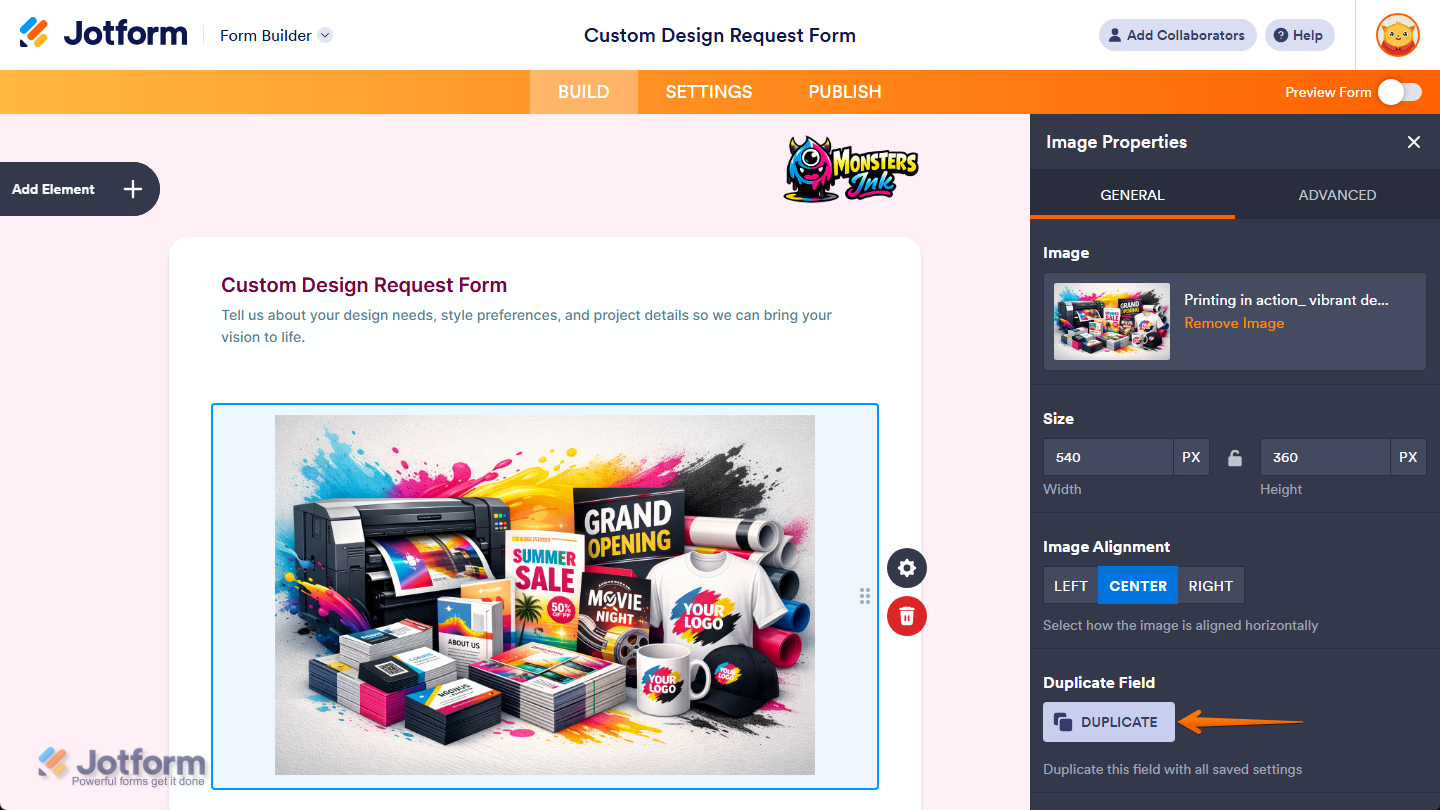 Duplicate button under the General tab in the Image Properties menu in Jotform Builder