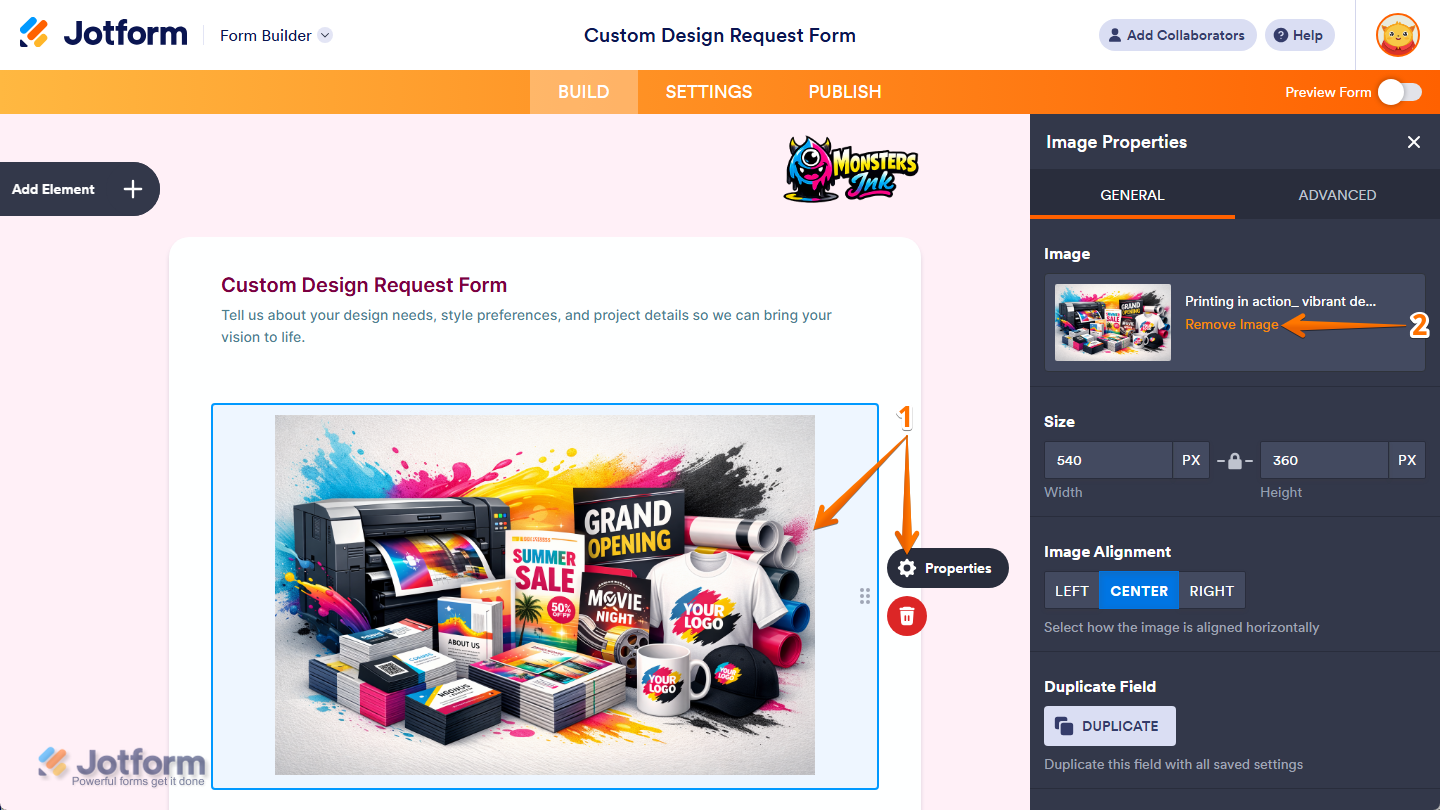 Remove Image button in the Image property under the General tab in the Image Properties menu in Jotform Form Builder
