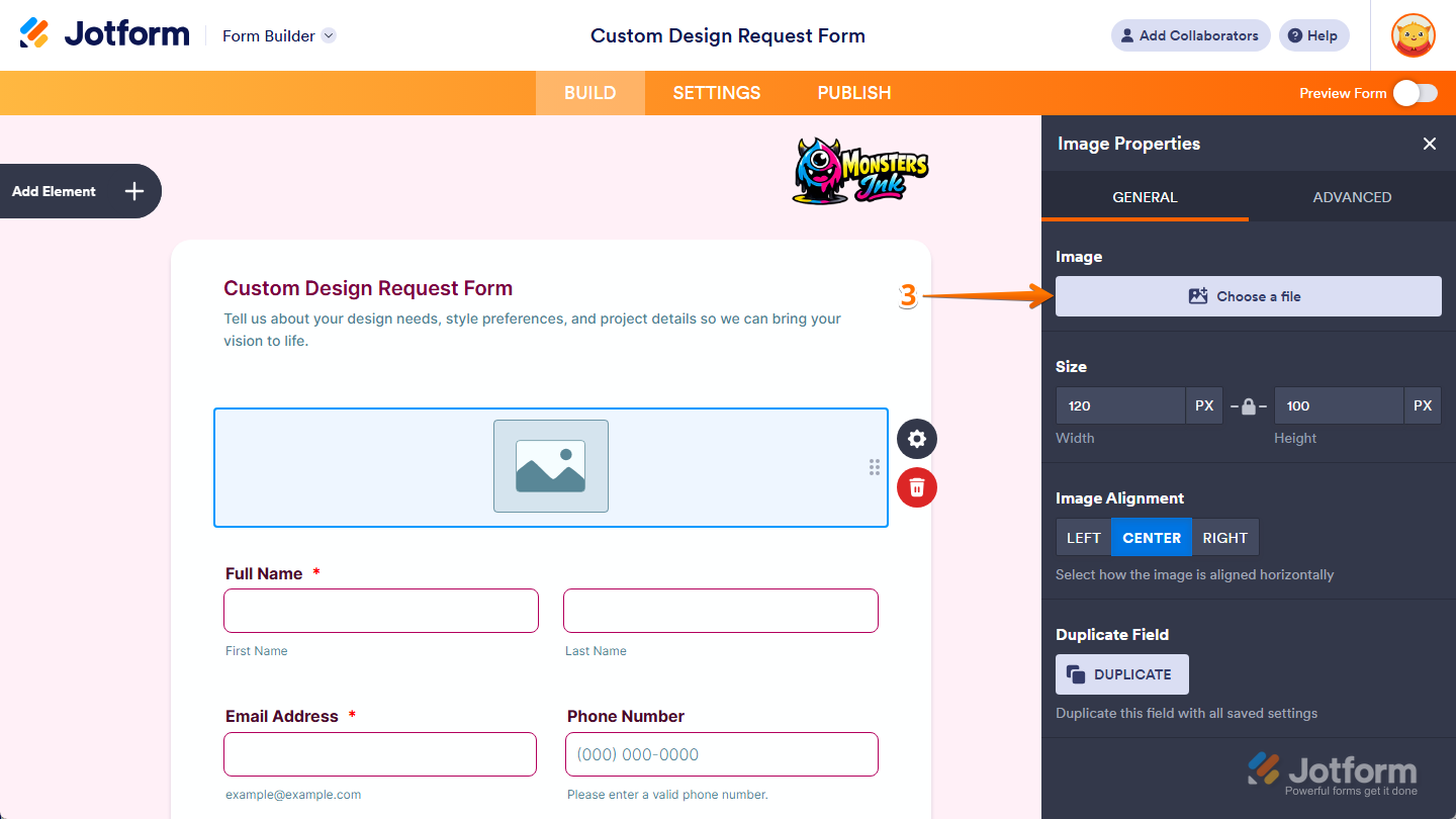Choose a File button in the Image property under the General tab in the Image Properties menu in Jotform Form Builder