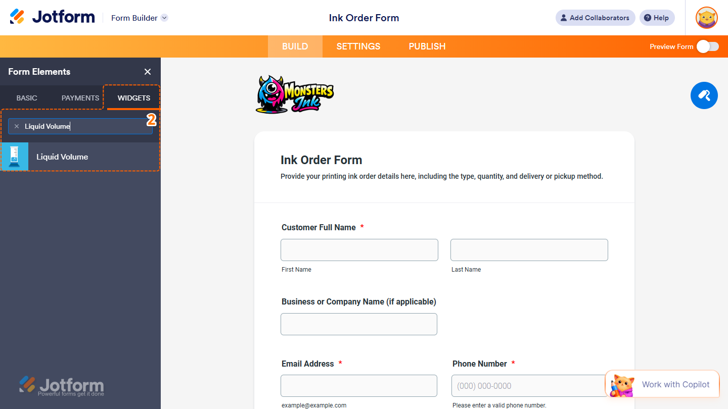 Liquid Volume element under the Widgets tab of the Form Elements menu in Jotform Form Builder