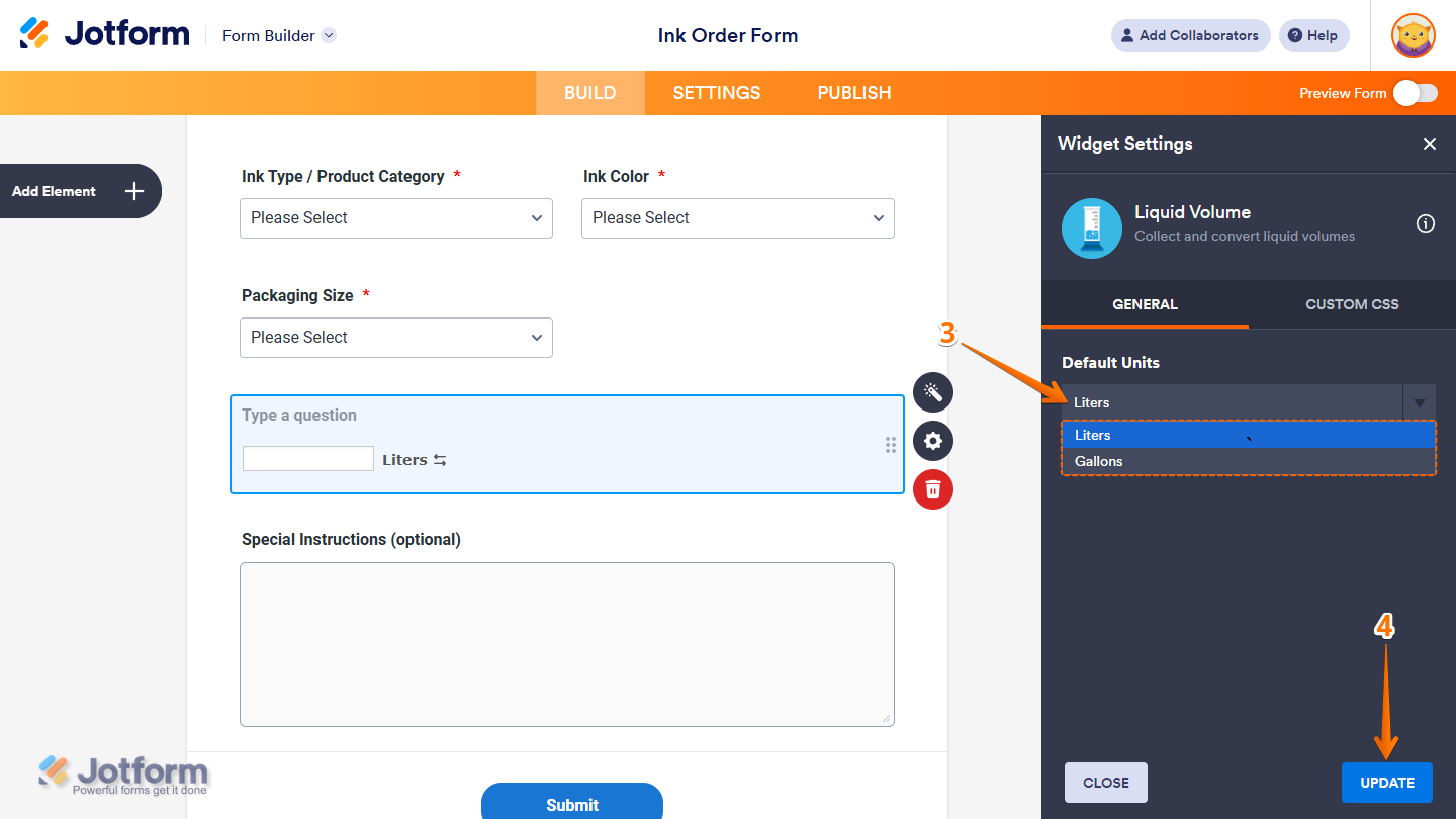 Liquid Volume Widget Settings in Jotform Form Builder