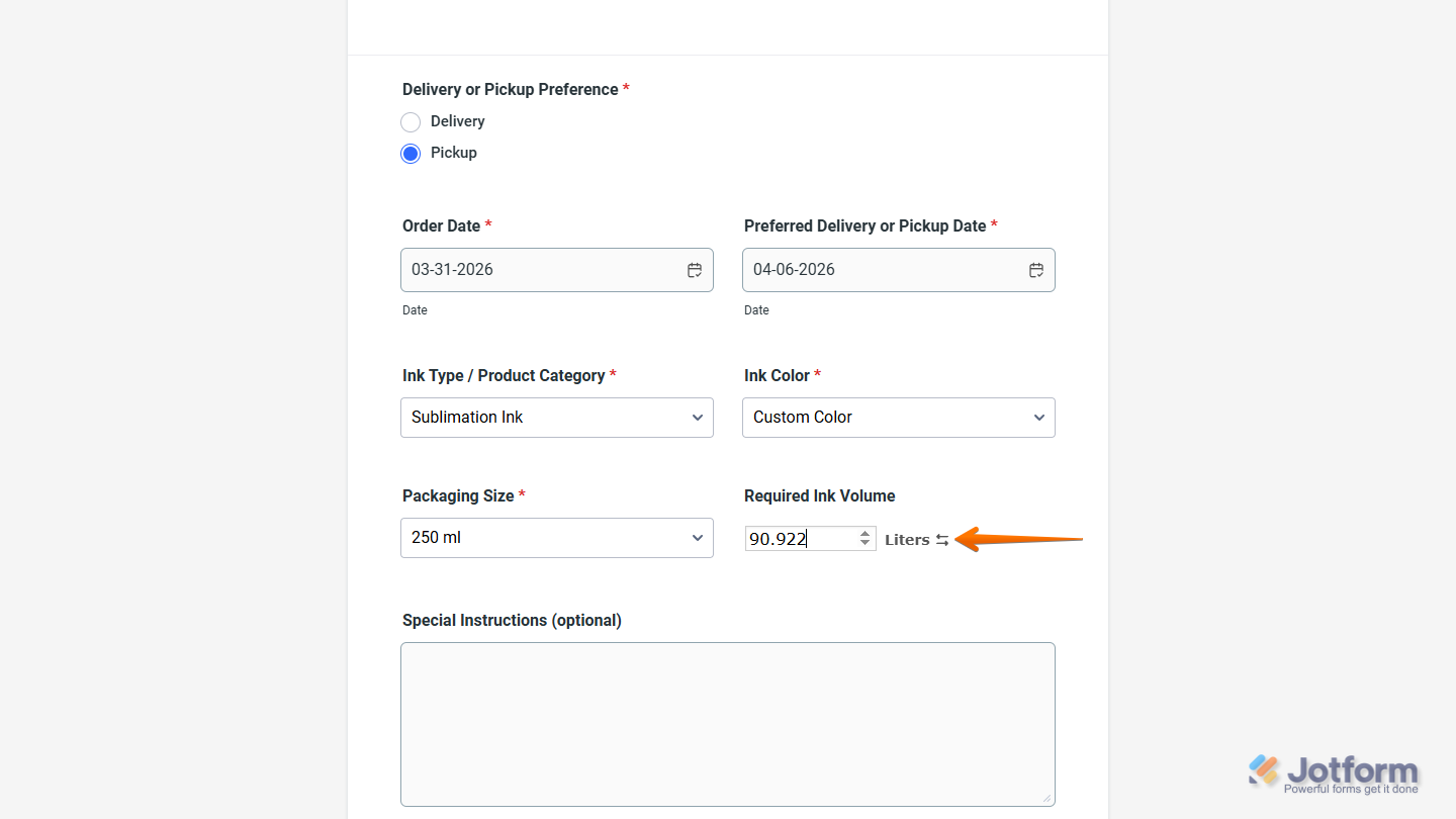 Liquid Volume widget on a Jotform form
